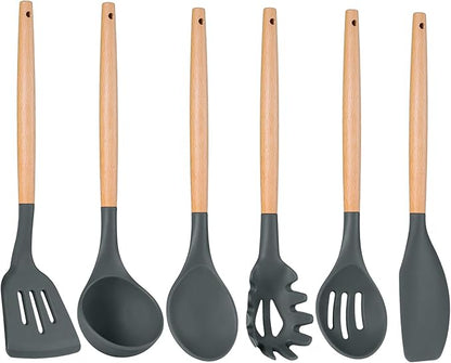 P&P CHEF Cooking Utensils Set, 6 PCS Kitchen Utensils with Wooden Handle, Silicone Spatula for Nonstick Cookware, Easy Clean & Non-toxic, Gray