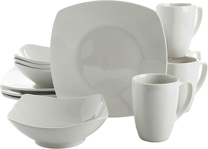 Gibson Home Amelia Court Porcelain Chip and Scratch Resistant Dinnerware set, Service for 4 (12pcs), White (Soft Square)