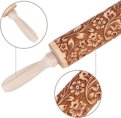 Embossed Wooden Rolling Pin Darker 3D Flower Rattan 35cm Rolling Pin