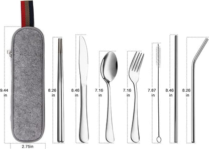 DEVICO Portable Utensils, Travel Camping Cutlery Set, 8-Piece including Knife Fork Spoon Chopsticks Cleaning Brush Straws Portable Case, Stainless Steel Flatware set (Silver)