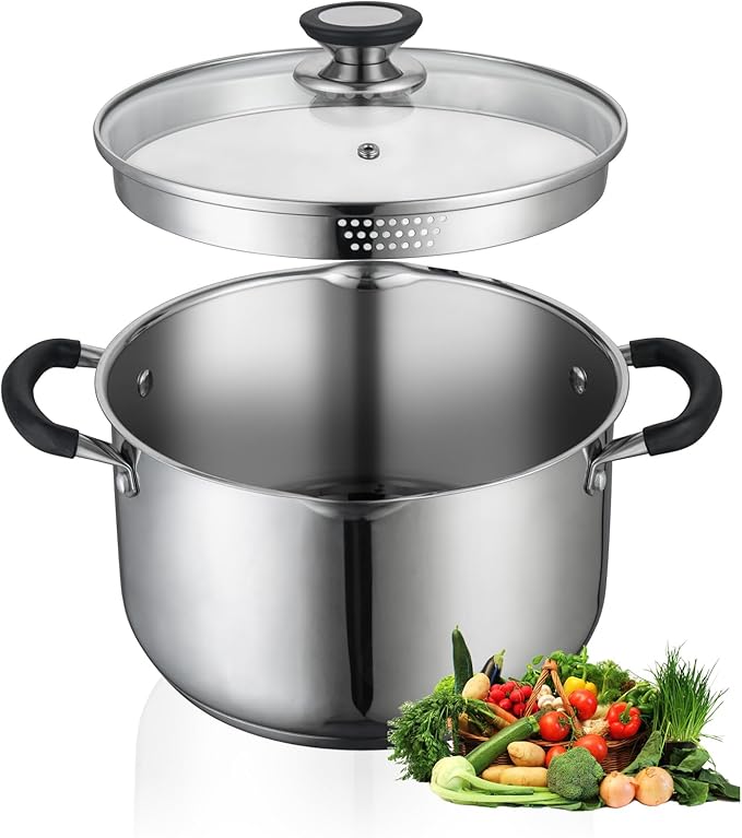 6 Quart Stainless Steel Stock Pot with Strainer Glass Lid,6 Qt Soup Pot Multipurpose Stockpot with Pour Spout,Stay-cool silicone Handle.