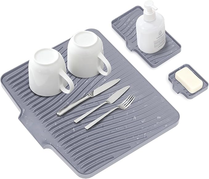 Silicone Dish Drying Mat for Kitchen Counter, Dish Drying Pad, Non-Slip Drain