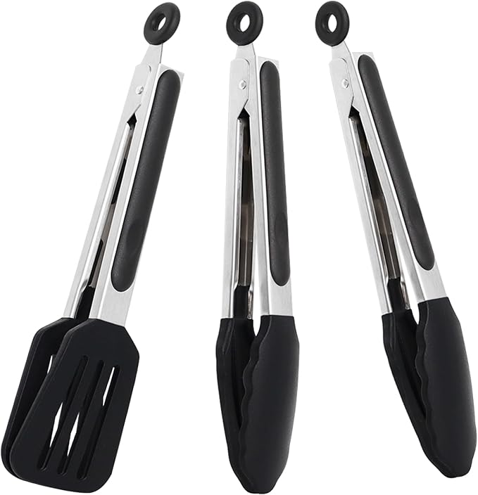 9 Inch Small Kitchen Tongs Set of 3, Silicone Cooking Tongs