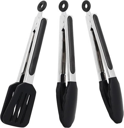 9 Inch Small Kitchen Tongs Set of 3, Silicone Cooking Tongs