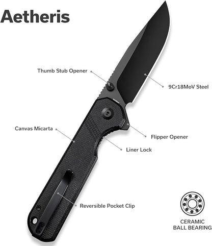 SENCUT Aetheris Pocket Knife, EDC Folding Knife with 3.68'' 9Cr18MoV Blade & Canvas Micarta Handle, Reversible Clip for Camping Hiking S24095-3(Black)