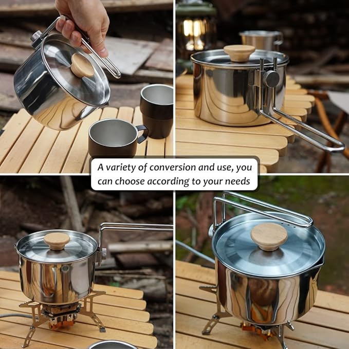 Stainless Steel Camping Pot with Lid and Removable Handle, Light Weight Outdoor Camping Kettle, Easy Clean Camp Boiling Pot, Cooking Pot for Picnic, Hiking, Backpacking, 1L/34oz
