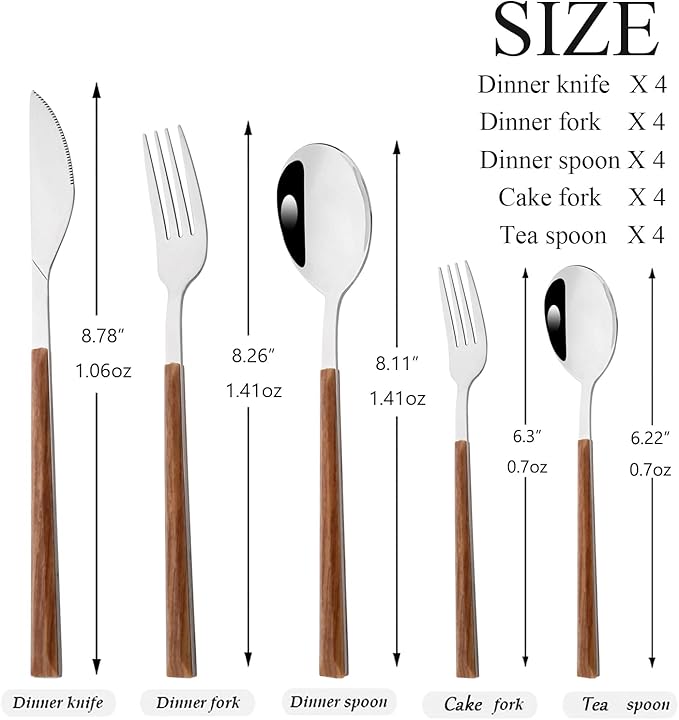 20 Piece (4 Set) Silver Stainless Steel Tableware With Wooden Handle, Wedding Cutlery And Daily Use, Silverware For Home Restaurant Party, Mirror Finished