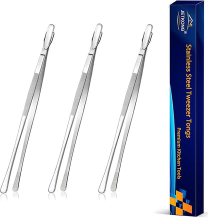 JETKONG 3 Pcs Serving Tweezer Tongs 9-Inch Cooking Tweezers Kitchen Tweezers (9 9 9 Inch, Silver)
