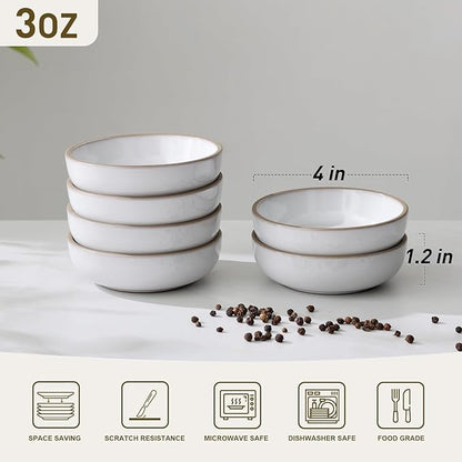 famiware Nature Ceramic Soy Sauce Dish, Dipping Bowls Set of 6, 3 oz Dipping Sauce Bowls/Dishes/Cups/Plates, Small Serving Bowls for Side Dishes, Condiments, Sushi, Appetizer, Dessert, Snowy White