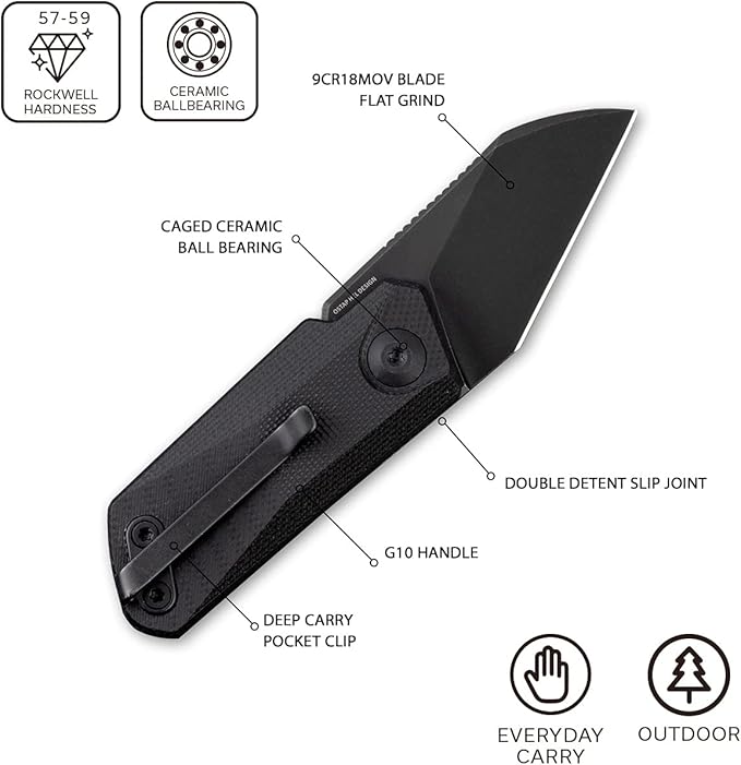 CIVIVI Ki-V Front Flipper Pocket Knife, Double Detent Slip Joint Small Folding Knife with Deep Carry Pocket Clip For Easy EDC C2108B (Black)