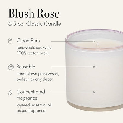 LAFCO New York Classic Candle, Blush Rose - 6.5 oz - 50-Hour Burn Time - Reusable, Hand Blown Glass Vessel - Made in The USA