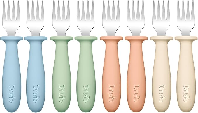 DRKIO 8 Pieces Toddler Forks Set - Baby Forks with Silicone Handle Children safe 18/8 Stainless Steel Toddler Utensils Set for Self Feeding Kids Silverware Anti-Choke Design Food Grade Dishwasher Safe