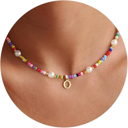 M MOOHAM Colorful Initial Necklaces for Girls - Beaded Pearl Choker Necklace for Women Teen Girl Colorful Summer Boho Necklace Jewelry, Trendy Personalized Letter Initial Gifts Birthday Gifts Kids