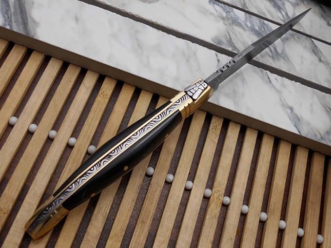 Laguiole Folding Damascus steel knife, 8.6" Long with 4.1" hand forged custom twist patren Blade. Wine 2 Tone Dollar wood & brass bolster scale. Cow hide leather sheath included (Bull Horn)