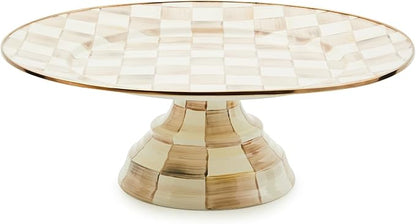 MACKENZIE-CHILDS Enamel Pedestal Platter, Round Cake Stand, Mini, Brown-and-White Mocha Check