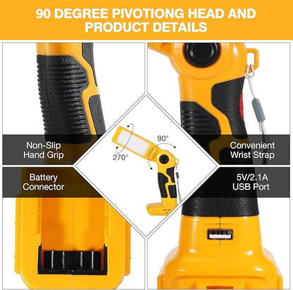 YEX-BUR Led Work Light for Dewalt 20v Battery, 12W 1000LM Cordless Handheld Spotlight with USB Port LED Jobsite Light Desk Lamp Flashlight for Camping Workshop Garage