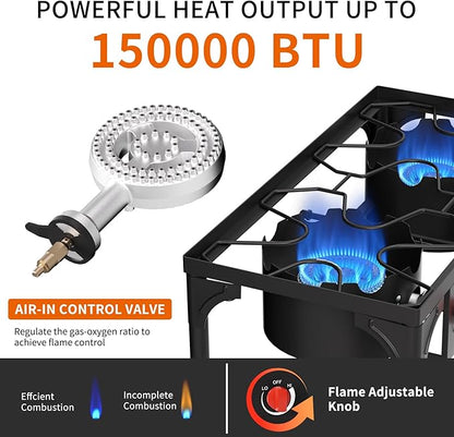 SKOK 2 Burner Propane Stove - Portable Camping Stove with 150,000BTU High Efficiency Propane Burner, Outdoor Stove for Camping, Backyard, Picnic