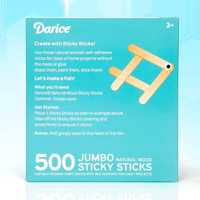 Darice Self-Adhesive Popsicle Sticks for Crafts – 500 Jumbo Wooden Sticks with Adhesive Tips, 6” x 1”, Mess-Free Arts and Crafts for Classroom, STEM, Home (Ages 3+)