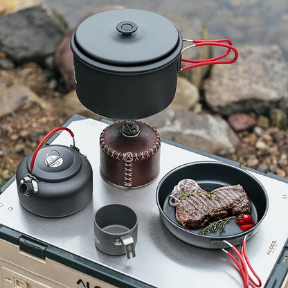 Alocs Camping Cookware Set Camping Gear, Compact Camping Pots and Pans Set, Durable Hard Alumina Camping Cooking Set for Outdoor Backpacking Camping Hiking Picnic, Included Mesh Carry Bag.