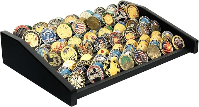 Challenge Coin Display Holder, 12 Rows Solid Wood Military Coin Stand Holds 80-100 Coins, Army Coin Display Rack for Desk (Black Finish)