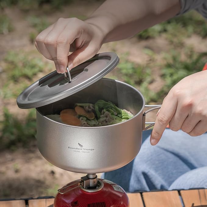 Boundless Voyage Titanium Pot Multifunctional Cooker Ultralight Camping Pot with Handle & Lid Outdoor Open Fire Cookware for Backpacking, Hiking, Bushcraft Cooking Ti2041C