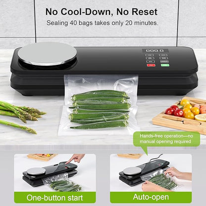 Food Vacuum Sealer Machine, 90KPA with Kitchen Scale, One-Touch Automatic, Multiple Modes, with 10 Sealer Bags and 1 roll, Built-in Cutter, Black