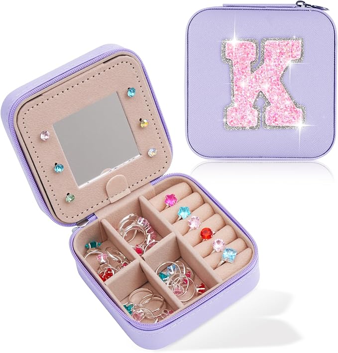 Personalized Jewelry Box - Small Travel Jewelry Organizer, Cute Storage for Women's Accessories, Travel Essentials & Birthday Gifts | Lavender,K
