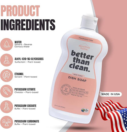 Fragrance Free 2-Pack Dish Soap – 97% Plant-Based, Hypoallergenic, Non-Toxic, Cuts Grease & Food Residue – Dishwashing Liquid with No Fragrance, Dyes or Harsh Chemicals – EWG A Rated