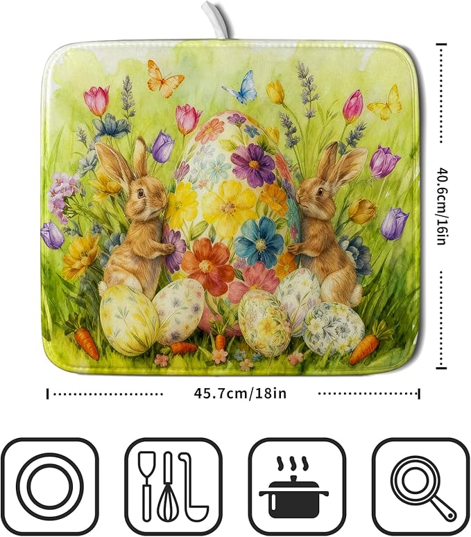 Easter Dish Drying Mat for Kitchen Counter Spring Bunny Microfiber Countertop