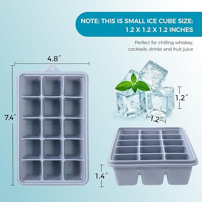 Silicone Ice Cube Trays with Lids 3-Pack, 15-Cavity Ice Tray Set