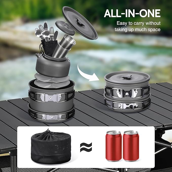 REDCAMP 6/10/11/12/14/15/19 PCS Camping Cookware Mess Kit Camping Gear Campfire Utensils Lightweight Stackable Pot Pan Bowls Soup Spoon with Storage Bag for Camping, Backpacking, Outdoor Cooking