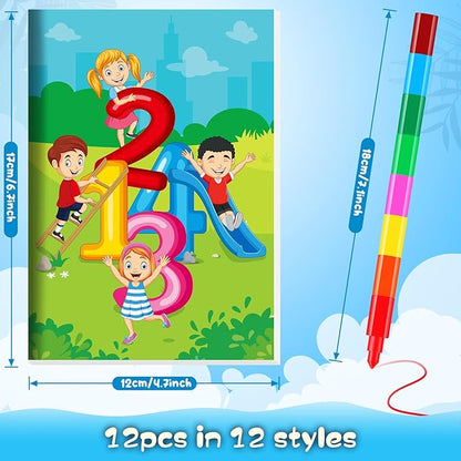 BenLouis 12 Preschool Kindergarten Mini Coloring Books Kids with 12 Stacking Crayons Graduation Party Favors Small Activity Books Bulk for Kids Birthday Return Party Gift Goodie Bag Stuffers