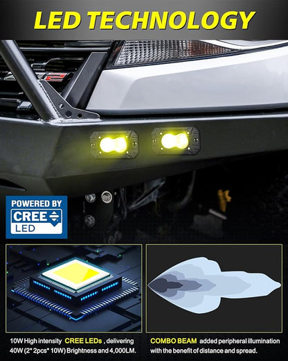 Yellow Flush Mount LED Pods 40W CREE LED Flush Bumper Fog Lights | Spot Flood Combo Offroad Driving Lights Yellow Flush Mount LED Chase Light Pods for Trucks Pickup SUV UTV ATV