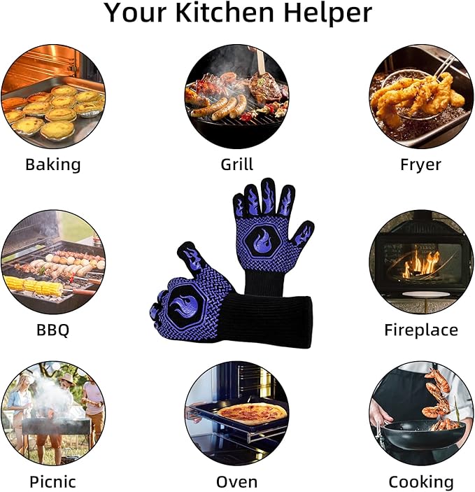 BBQ Fireproof Gloves, Grill Cut-Resistant Gloves 1472°F Heat Resistant Gloves, Non-Slip Silicone Oven Gloves, Kitchen Safe Cooking Gloves for Oven Mitts,Barbecue,Cooking, Frying, Blue（2 Pairs）
