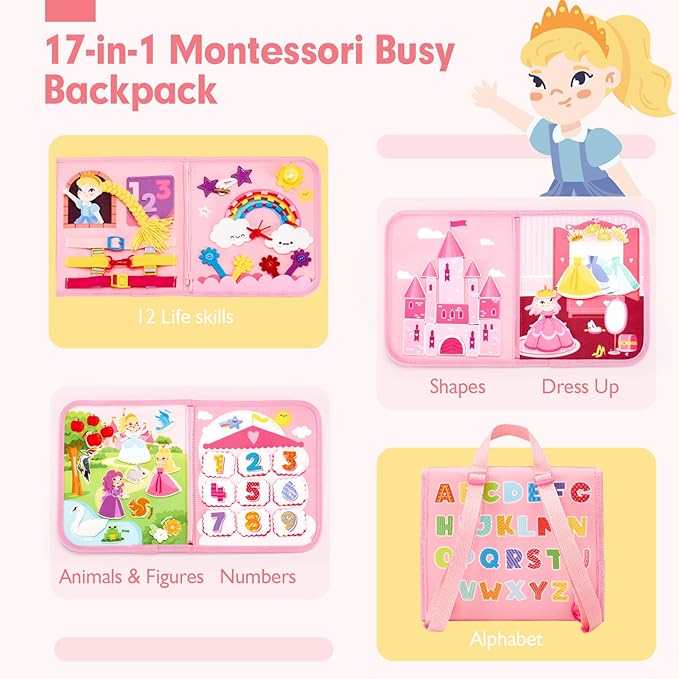 hahaland Montessori Toys for Baby Girls, Busy Board Girl Birthday Gift 17 in 1 Preschool Learning Activities with 12 Life Skill, Number,Shape,Dressup,Animal,Figures,Baby Girl Easter Gifts