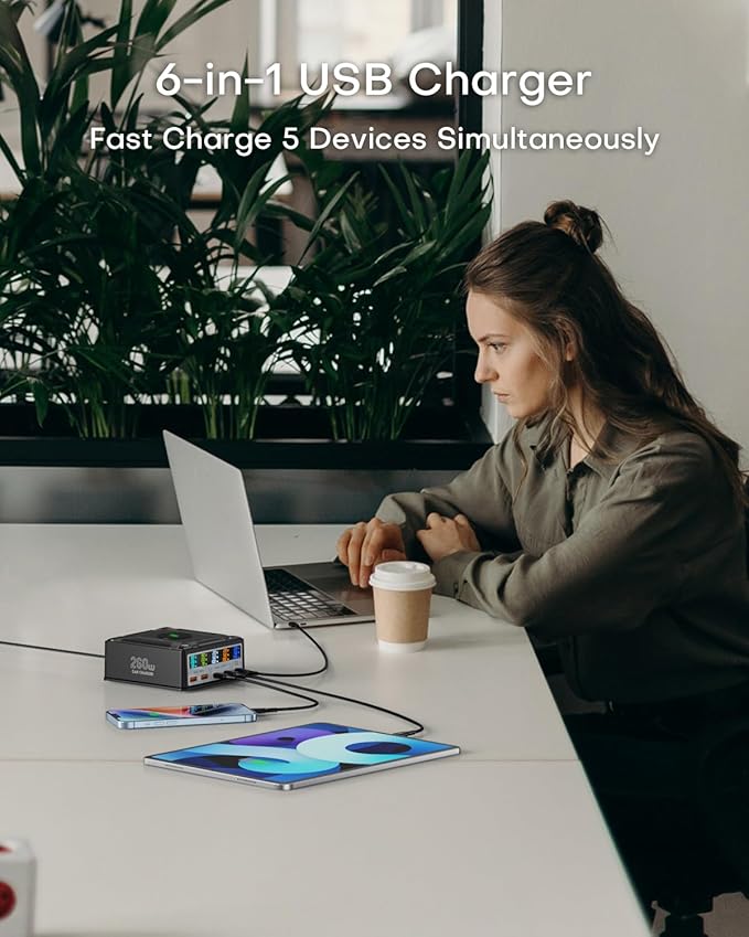 USB Charging Station, ASOMETECH 260W 5Ports Fast Charging Hub, 140W PD3.1 USB C