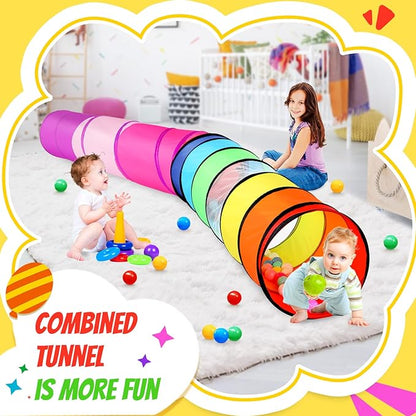Kids Play Tunnel Tent for Toddler, 2 Pack 6-ft Pop Up Crawl Tunnel Toy for Baby Children or Dog Cat, Collapsible Gift for Boy and Girl Play Tunnel Indoor Outdoor Game (Rainbow Tunnel+Pink Tunnel)
