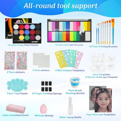 Face Painting Kit for Kids & Adults,18 Color+15 Color Non-toxic Water Activated Face Paint Palette,Halloween Makeup Kit.Ideal for Halloween,Carnival,Cosplay,Party,Arty Stage Makeup.
