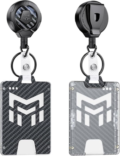 MNGARISTA Retractable Badge Holder, Heavy Duty Badge Reel Keychain with Belt Clip, 3K Carbon Fiber ID Card Holder Lanyard with 32.28" Retractable Key Chain, Black（2 Pack）