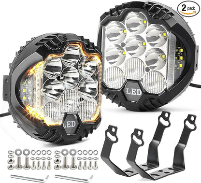 LIGBT 2PCS 7 Inch Round LED Offroad Light with DRL 90W LED Off Road Lights Super Bright Driving Spot Light Bar with Amber DRL Side Shooter Lights Waterproof 12V 24V for Pickup Trucks SUV UTV