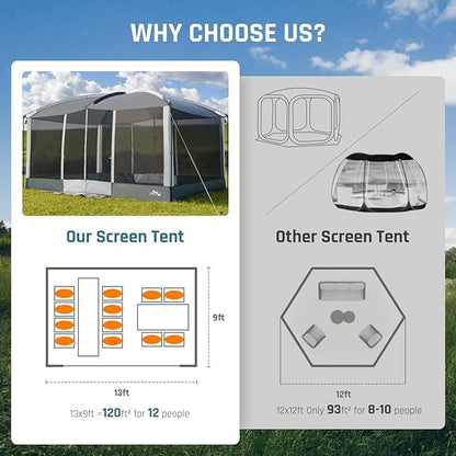 Screen House Tent 13x9ft Screen Room Mesh Gazebos w/ 2 Magnetic Doors, Included Projection Screen, Camping Tent Screened Canopy Shelter for Outdoor Patios Backyards Activities (Gray)