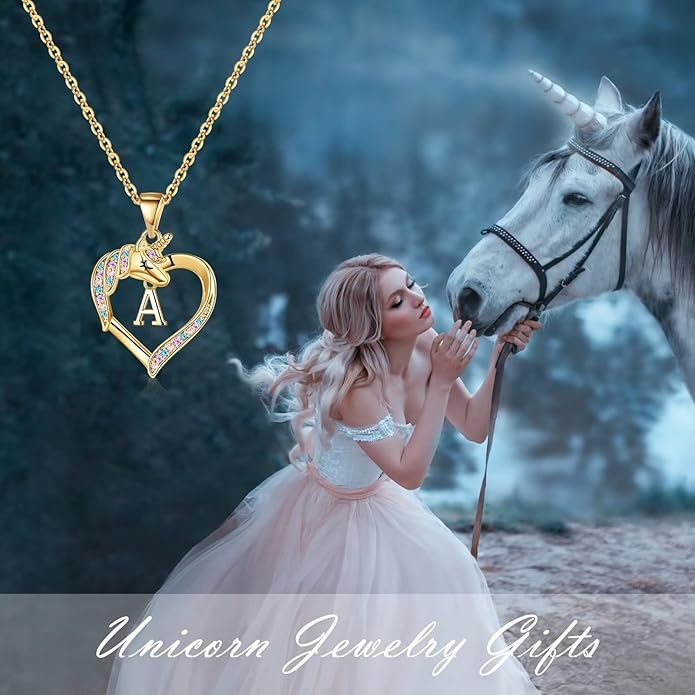 Hidepoo Unicorn Necklace Gifts for Girls - 14K-Gold-Plated Colorful CZ Heart Necklace Girls Jewelry Initial Unicorn Necklaces for Girl Birthday Gifts