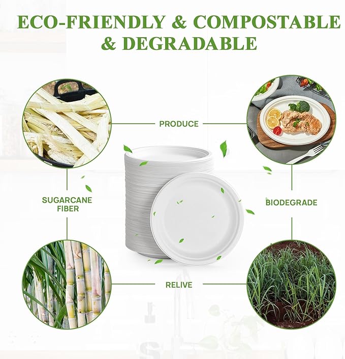 Vplus 350 Pack Paper Plates 7 inch 100% Compostable, Heavy-Duty Disposable Paper Plates Bagasse Natural Biodegradable Eco-Friendly Sugarcane(White)
