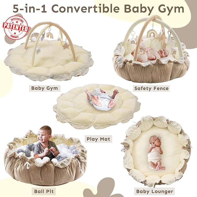 5-in-1 Thick & Plush Baby Play Gym, Baby Play Mats for Floor, Tummy Time Mat with 6 Toys, Cat and Dog Bed, Convertible Stage-Based Developmental from Babies to Toddler, Ball Pit, Pet Cushion, Cloudico