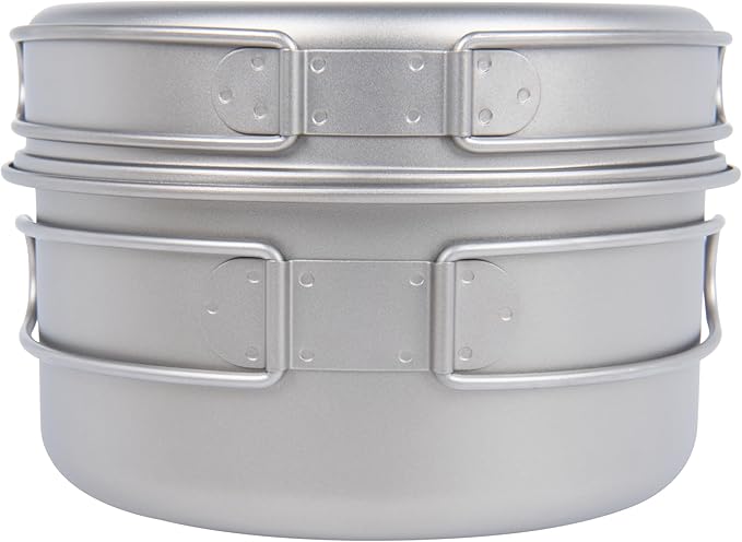 iBasingo Backpacking Cookset Titanium Camping Pots Set Ultralight Outdoor Picnic Pots Pans with Folding Handle Druable Portable Cooking Mess Kit Compact Picnic Dishes Bowls Cups (Multiple Sizes)