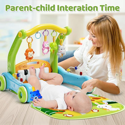 Baby Gym Play Mat with Walker, 2 IN 1 Kick and Play Piano Activity Center with Light & Music, Tummy Time Mat & Baby Push Toys for 0-6 12-18 Months, Sit-to-Stand Learning Walker for Infant Toddler Gift