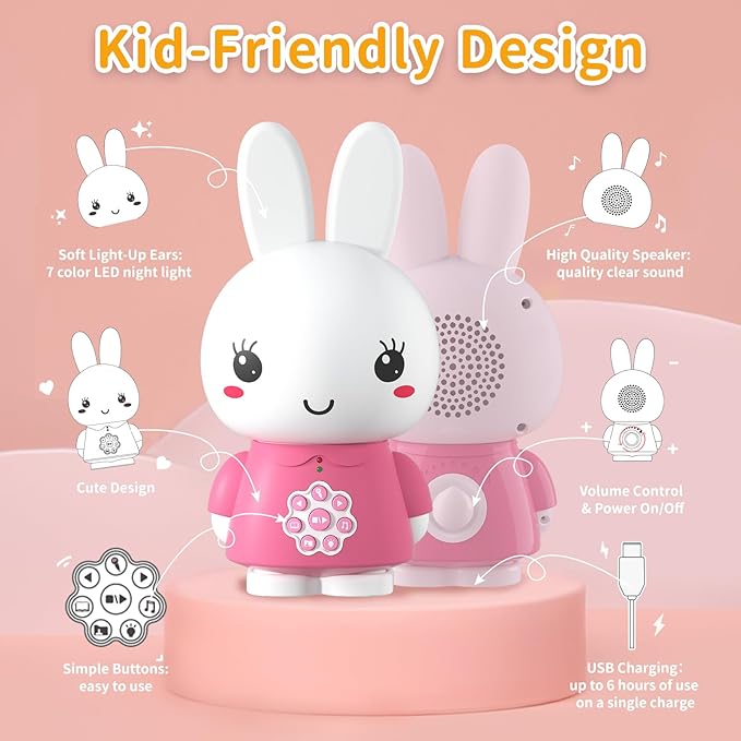 alilo Honey Bunny Kids Music Story Audio Player for Toddlers 1-5, Baby Boy Girl Easter Gifts, Pre-Loaded 16 Stories/48 Nursery Rhymes/12 Soothing Music, with Nightlight, Voice Recording
