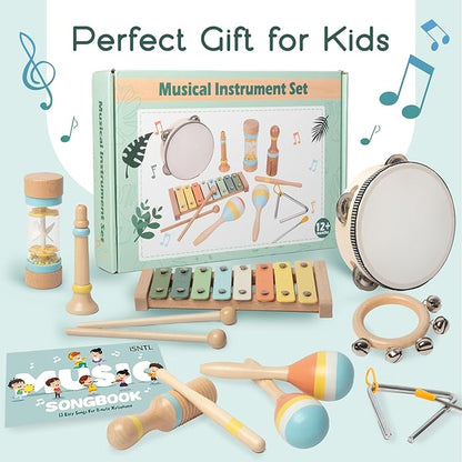 Baby Musical Instruments - Wooden Montessori Toys for Toddlers 1-3,Modern Boho Xylophone Includes Songbook with 13 Kids' Songs,Neutral Colors Wooden Percussion Instruments Set