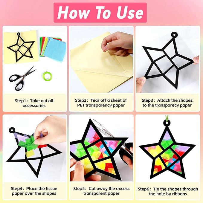 Qyeahkj 36 Set Geometric Shapes Suncatcher Crafts for Kids DIY Star Window Tissue Paper Craft Kit Triangle Heart Hanging Decor for Summer School Home Activity Art Project Birthday Party Favor Gift