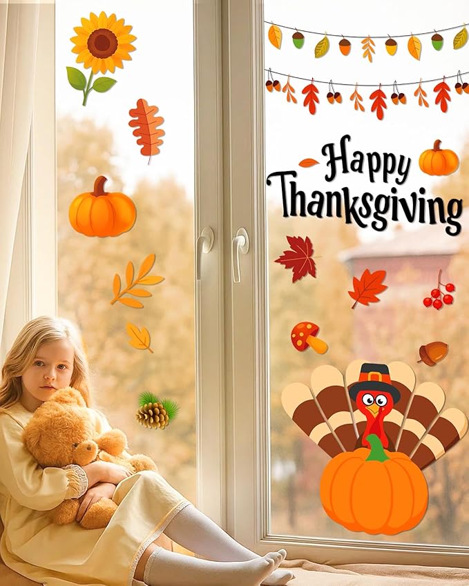 Thanksgiving Window Clings - 9 Sheets 114 Pcs Thanksgiving Decorations for Fall Autumn Harvest Home Party, Pumpkin Leaves Turkey Acorns Stickers for Glass, Double-Sided Static Window Decals